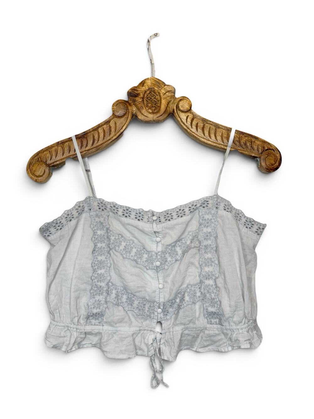 American Eagle Top Boho Crop Tank Lace Crochet Gather Tie Waist Blue Grey M